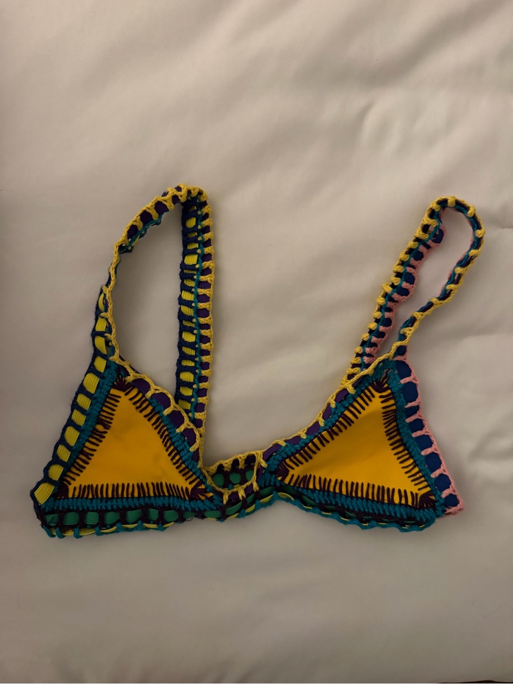 KIINI Yellow Triangle Bikini Top with Multicolor Crochet Trim